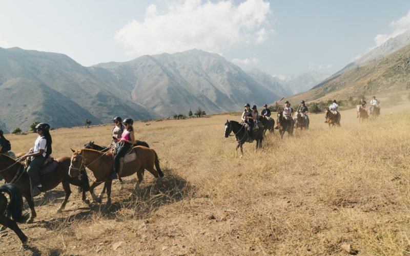 Riders crossing a golden meadow with Andes peaks in the background