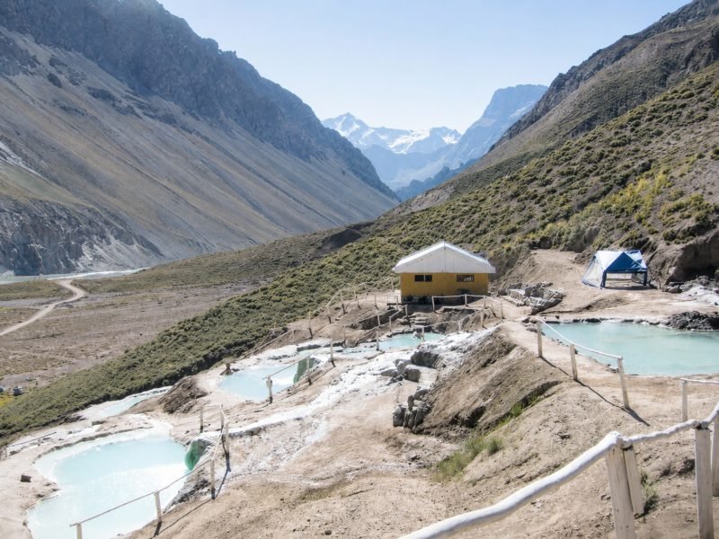 Aerial view of the thermal pool complex nestled in the Andes valley