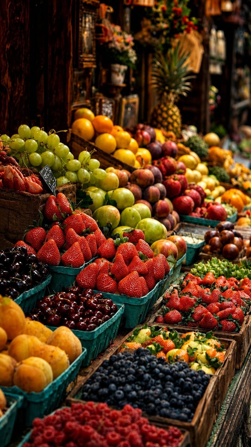 Puesto de frutas con fresas, cerezas y frutas de temporada en el mercado