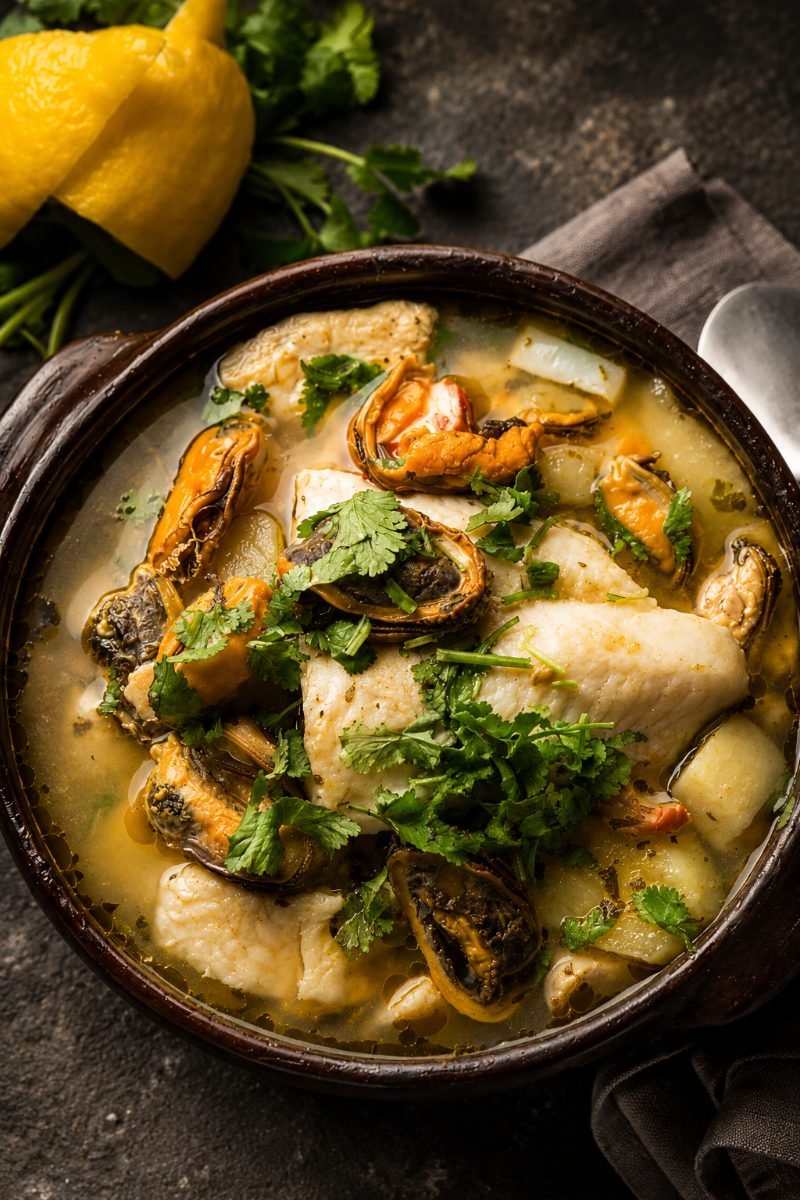 Paila marina con mariscos, pescado y hierbas frescas