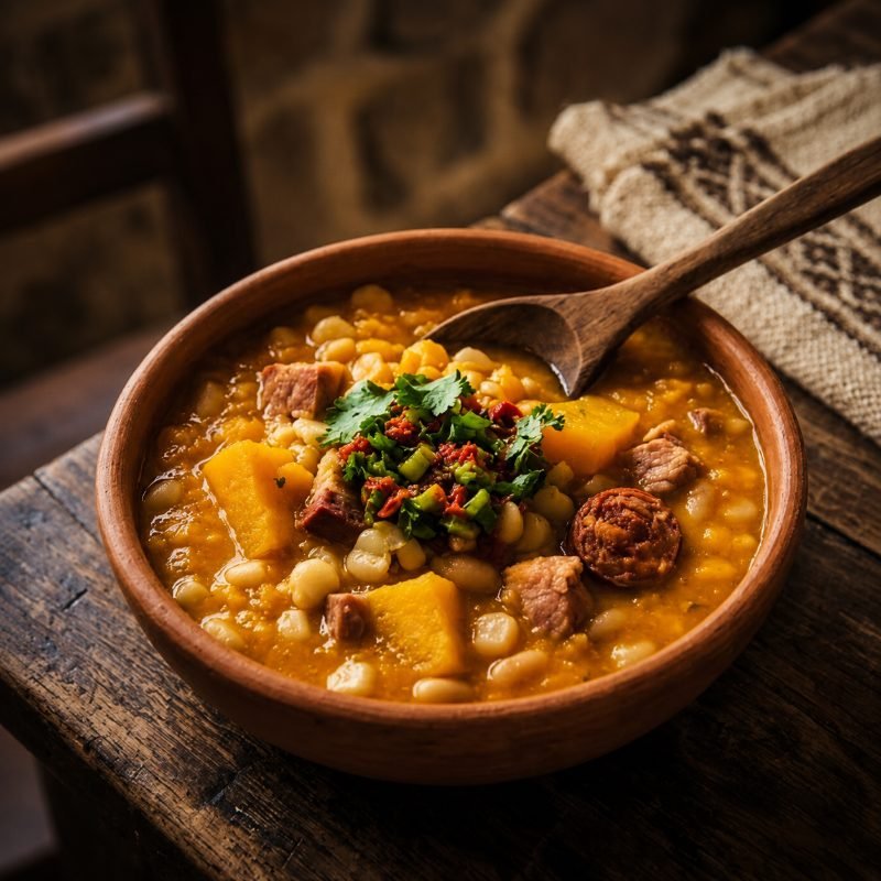 Porotos granados en tazón de greda con cuchara de madera